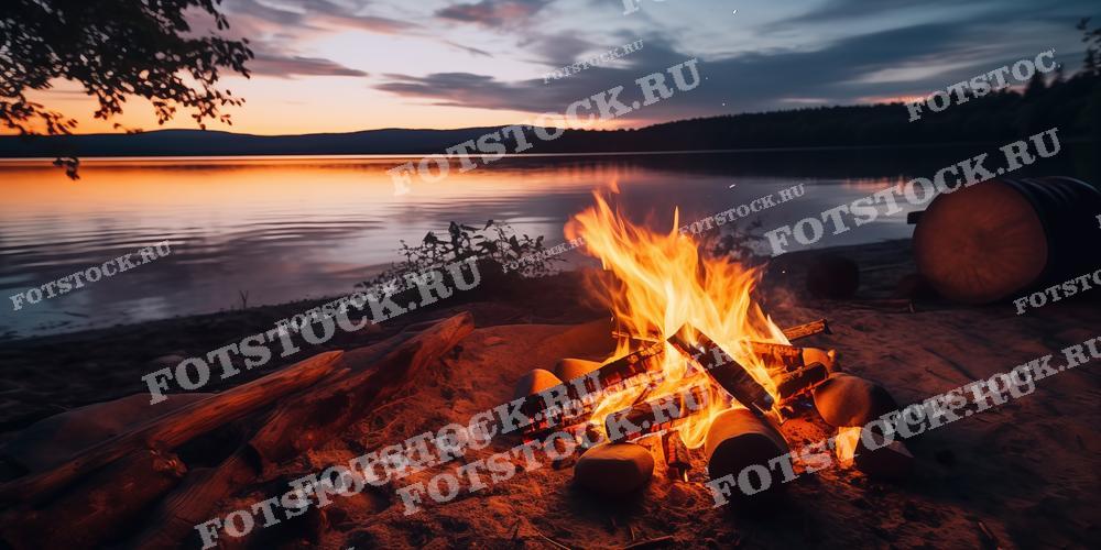 Фотография костра, разожженного на берегу озера в вечернее время. На заднем плане виден закат и лес, создающие спокойную и умиротворяющую атмосферу.